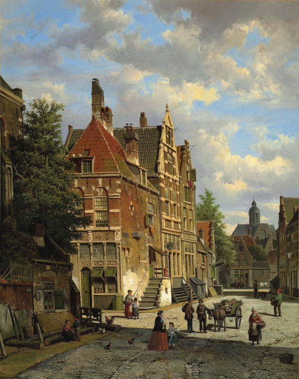 Dutch town scene with figures by Willem Koekkoek
